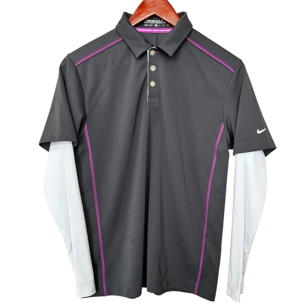 Nike Golf Polo Shirt Women's XL Gray White Long Sleeve Dri-FIT Collared Preppy